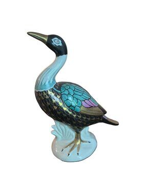 VTG Macau Cloisonne Style Crane Heron Bird Figurine Statue 8" Porcelain Decor